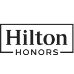The image is a logo for Hilton Honors, the loyalty rewards program for Hilton Hotels, with the text inside a rectangular border. logo on footer section.