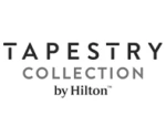 This image shows the logo for Tapestry Collection by Hilton, with the brand name written in a clear, modern font on a white background. logo on footer section.