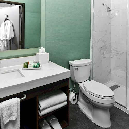 The image shows a modern bathroom with a sink, mirror, toiletries, toilet, shower, towels, and a bathrobe hanging in a reflection in the mirror.